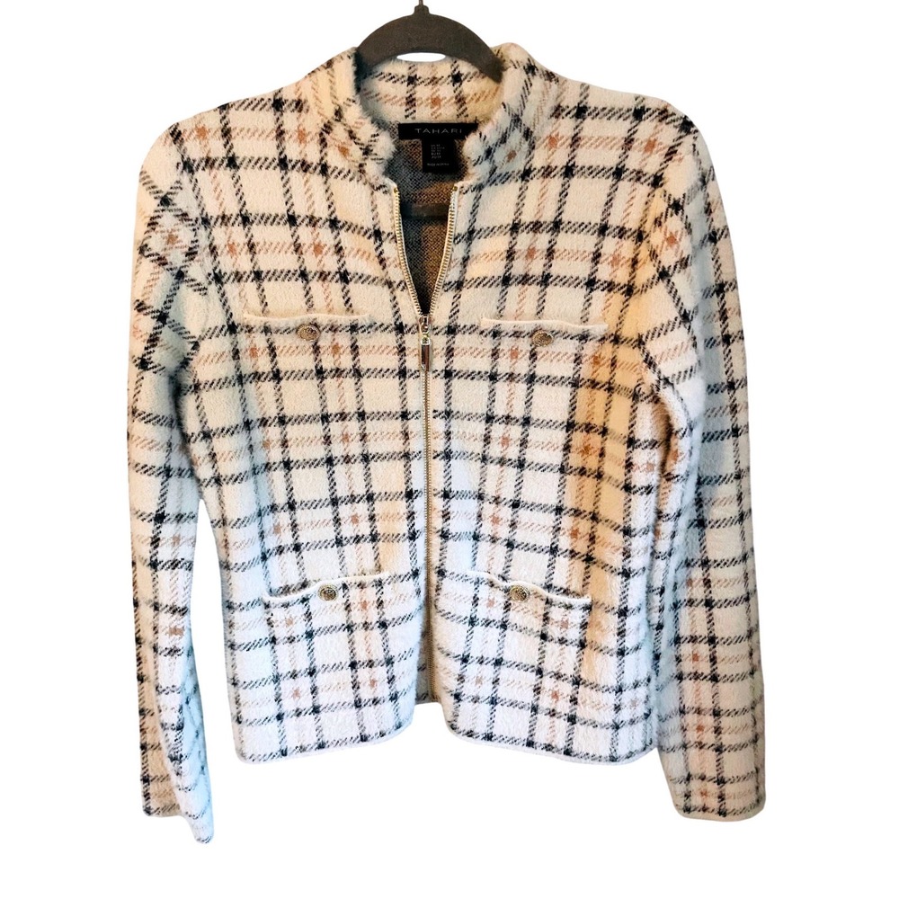Tahari Womens Plaid Eyelash Knit Zip Front Sweater Jacket Cream Gold Button Med